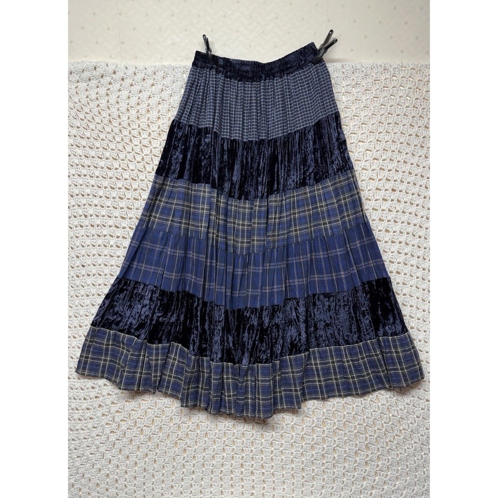 St Johns Skirt Womens L Blue Plaid Velvet Tiered Long Patchwork Boho Vintage 90s